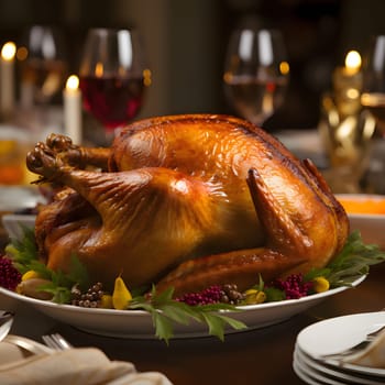 Roast turkey on a plate with wine glasses and candles in the background. Turkey as the main dish of thanksgiving for the harvest. An atmosphere of joy and celebration.