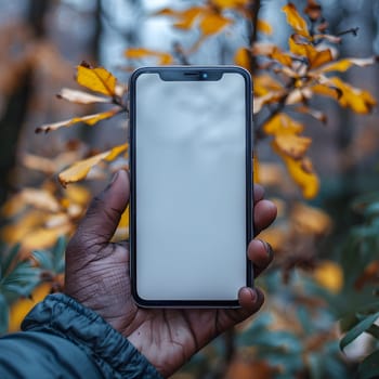 The individual is clutching a mobile phone in their hand, a portable communications device used for communication and browsing. The gesture involves using their fingers to operate the gadget