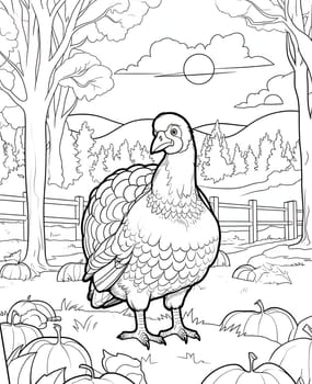 Black and White coloring book small turkey in a pumpkin field, farm. Turkey as the main dish of thanksgiving for the harvest. An atmosphere of joy and celebration.