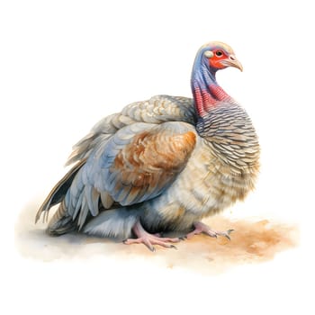 Sitting turkey. Turkey as the main dish of thanksgiving for the harvest, picture on a white isolated background. An atmosphere of joy and celebration.