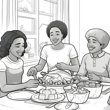 Black and White coloring book, people eating a Thanksgiving meal. Turkey as the main dish of thanksgiving for the harvest. An atmosphere of joy and celebration.