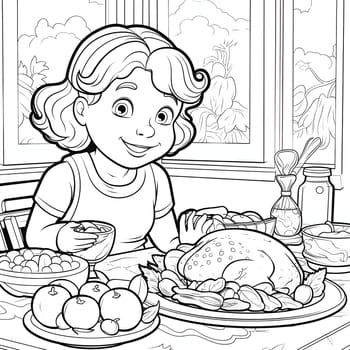 A little girl at the Thanksgiving Day table. Turkey as the main dish of thanksgiving for the harvest. An atmosphere of joy and celebration.