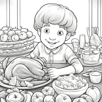 A little boy at the Thanksgiving Day table. Turkey as the main dish of thanksgiving for the harvest. An atmosphere of joy and celebration.