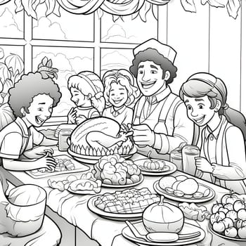 A happy family at the Thanksgiving Day table. Black and White coloring book. Turkey as the main dish of thanksgiving for the harvest. An atmosphere of joy and celebration.
