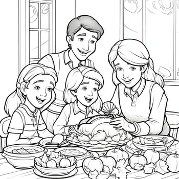 A happy family at the Thanksgiving Day table. Black and White coloring book. Turkey as the main dish of thanksgiving for the harvest. An atmosphere of joy and celebration.