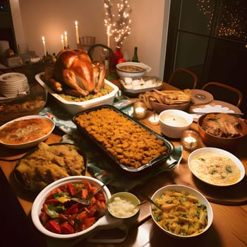 A table full of food for Thanksgiving candles and a roast turkey. Turkey as the main dish of thanksgiving for the harvest. An atmosphere of joy and celebration.