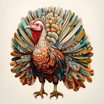 Turkey with colorful feathers. Turkey as the main dish of thanksgiving for the harvest, picture on a white isolated background. An atmosphere of joy and celebration.