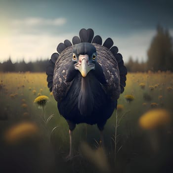 Portrayed black turkey in a field among flowers blurred background. Turkey as the main dish of thanksgiving for the harvest. An atmosphere of joy and celebration.