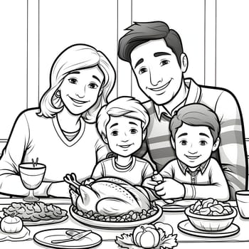 Black and White coloring book happy family at the Thanksgiving table. Turkey as the main dish of thanksgiving for the harvest. An atmosphere of joy and celebration.