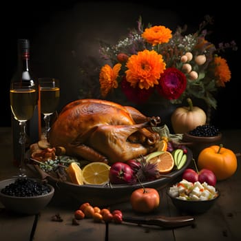 Roast turkey all around, vegetables, fruits, flowers, bottle of wine, glasses. Turkey as the main dish of thanksgiving for the harvest. An atmosphere of joy and celebration.
