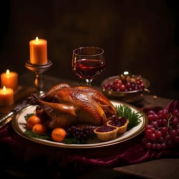 Roast turkey on a plate around grapes, a glass of wine and candles dark background. Turkey as the main dish of thanksgiving for the harvest. An atmosphere of joy and celebration.