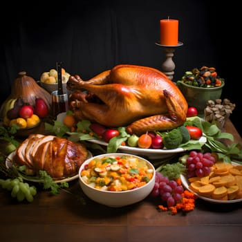 Table set with food for Thanksgiving roast turkey grapes carrots. Turkey as the main dish of thanksgiving for the harvest. An atmosphere of joy and celebration.