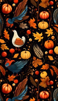Maple leaf, turkeys, chickens, pumpkins, cobs, banner with space for your own content. Black background. Blank space for caption.