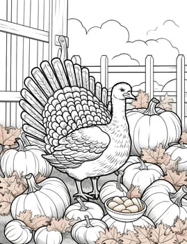 Black and white coloring book; a big turkey around pumpkins and maple leaves farm. Turkey as the main dish of thanksgiving for the harvest. An atmosphere of joy and celebration.