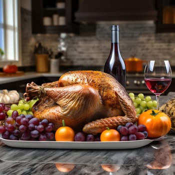 Kitchen tray with roasted turkey, pumpkins and oranges around wine in the background kitchen. Turkey as the main dish of thanksgiving for the harvest. An atmosphere of joy and celebration.