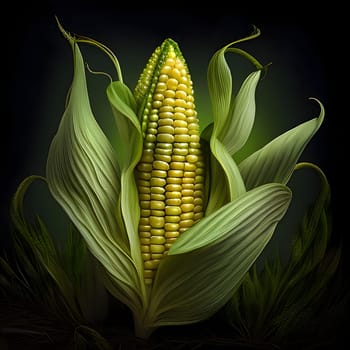 Yellow corn cob with Green leaf on dark background. Corn as a dish of thanksgiving for the harvest. An atmosphere of joy and celebration.