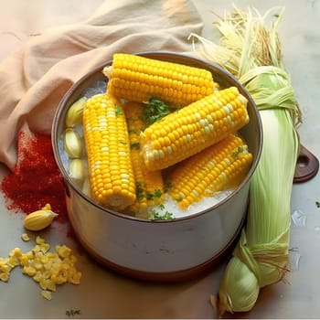 Yellow corn cobs on a wooden bucket. Corn as a dish of thanksgiving for the harvest. An atmosphere of joy and celebration.