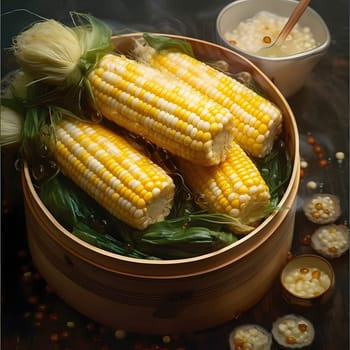 Cut yellow and white corn in a wooden container, prepared for soup. Corn as a dish of thanksgiving for the harvest. An atmosphere of joy and celebration.