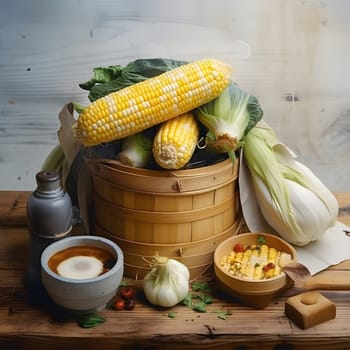 Yellow and white corn cobs and other vegetables prepared for soup on wood in a bucket. Corn as a dish of thanksgiving for the harvest. An atmosphere of joy and celebration.