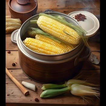 Yellow corn cobs in a container on a wooden table top. Corn as a dish of thanksgiving for the harvest. An atmosphere of joy and celebration.