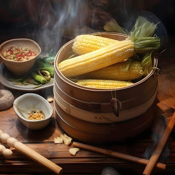 Yellow corn cobs in a container on a wooden table top. Corn as a dish of thanksgiving for the harvest. An atmosphere of joy and celebration.