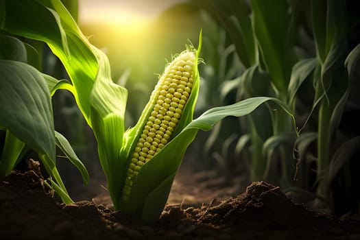 A yellow corn cob with a leaf growing directly from the ground in a field. Corn as a dish of thanksgiving for the harvest. An atmosphere of joy and celebration.