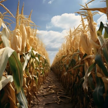 A path in a corn field in the fall. The end of the harvest. Corn as a dish of thanksgiving for the harvest. An atmosphere of joy and celebration.