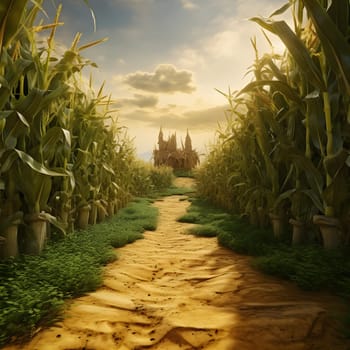 A path in a corn field to sheaves. Corn as a dish of thanksgiving for the harvest. An atmosphere of joy and celebration.