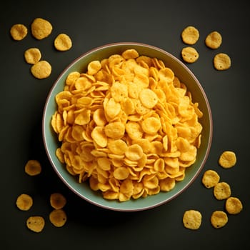 Bowl with cornflakes on a dark background. Corn as a dish of thanksgiving for the harvest. An atmosphere of joy and celebration.