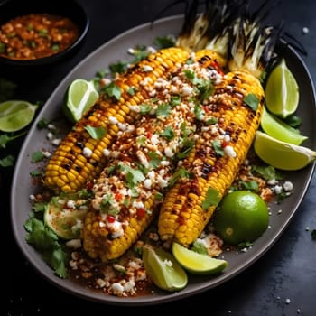 Yellow corn cobs on a plate decorated with limes and spices to eat. Corn as a dish of thanksgiving for the harvest. An atmosphere of joy and celebration.