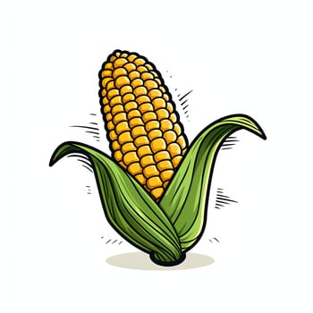 Illustration of yellow corn in green leaf. Corn as a dish of thanksgiving for the harvest, picture on a white isolated background. An atmosphere of joy and celebration.