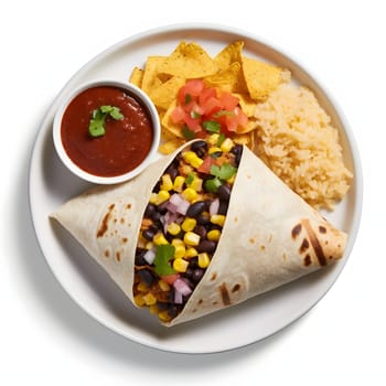 Top view of a plate, and on it grains of olives, corn, tortilla, flakes, rice ketchup. Corn as a dish of thanksgiving for the harvest, picture on a white isolated background. An atmosphere of joy and celebration.