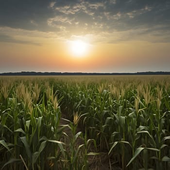 Photo of a large field of corn at sunset. Corn as a dish of thanksgiving for the harvest. An atmosphere of joy and celebration.