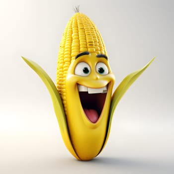 Illustration of corn cob with big smile and eyes on bright background. Corn as a dish of thanksgiving for the harvest. An atmosphere of joy and celebration.