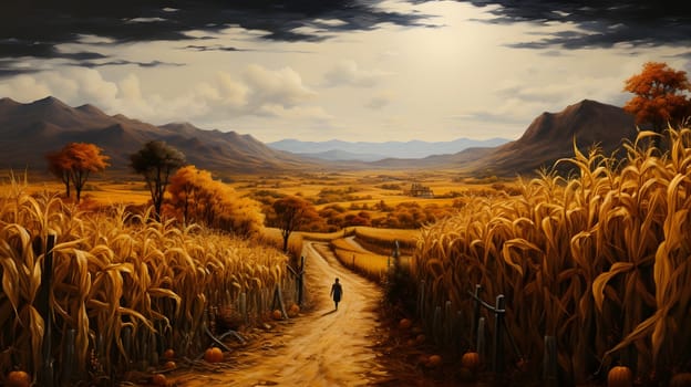 A view of a corn field stretching to the tops of the mountains and two people walking along a path. Corn as a dish of thanksgiving for the harvest. An atmosphere of joy and celebration.