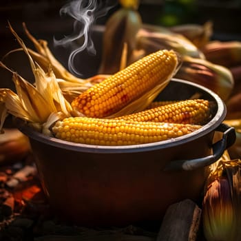 Cobs of corn in a pot. Corn as a dish of thanksgiving for the harvest. An atmosphere of joy and celebration.