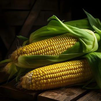 Three yellow corn cobs in leaf on wooden boards. Corn as a dish of thanksgiving for the harvest. An atmosphere of joy and celebration.