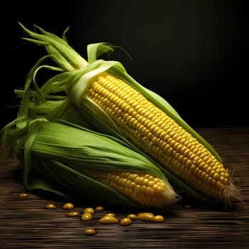 Two yellow corn cobs in leaf on wooden boards. Corn as a dish of thanksgiving for the harvest. An atmosphere of joy and celebration.