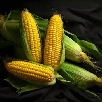 Yellow corn cobs in green leaf on black cloth arranged. Corn as a dish of thanksgiving for the harvest. An atmosphere of joy and celebration.