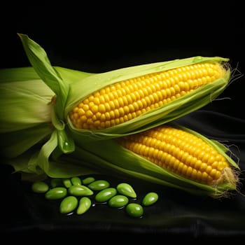 Yellow corn cobs with kernels in green leaf on black cloth arranged. Corn as a dish of thanksgiving for the harvest. An atmosphere of joy and celebration.