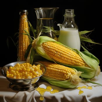 Yellow corn cobs in green leaf with kernels around milk containers black background. Corn as a dish of thanksgiving for the harvest. An atmosphere of joy and celebration.