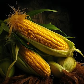 Yellow corn cobs in Green Leaves on dark background, pile. Corn as a dish of thanksgiving for the harvest. An atmosphere of joy and celebration.