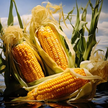 Three yellow corn cobs in a green leaf on a sheet of water. Corn as a dish of thanksgiving for the harvest. An atmosphere of joy and celebration.