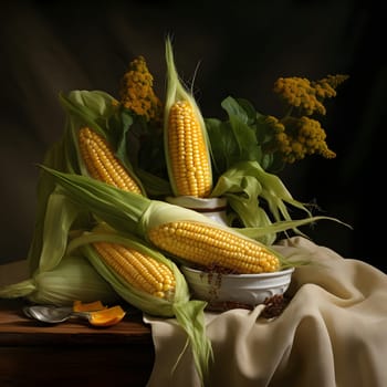 Yellow corn cob in the leaf on a nice material around the flowers. Corn as a dish of thanksgiving for the harvest. An atmosphere of joy and celebration.