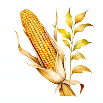 Illustration of corn cobs in a leaf. Corn as a dish of thanksgiving for the harvest, picture on a white isolated background. An atmosphere of joy and celebration.