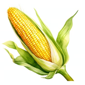 Illustration of a yellow corn cob in a leaf. Corn as a dish of thanksgiving for the harvest, picture on a white isolated background. An atmosphere of joy and celebration.