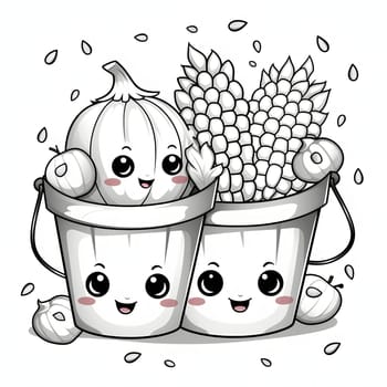 Black and White coloring book cheerful buckets with smiles, and in them corn cobs and pumpkin. Corn as a dish of thanksgiving for the harvest, picture on a white isolated background. An atmosphere of joy and celebration.