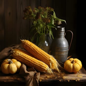 Yellow corn cobs, pumpkins, tin containers, flowers, on a wooden background. Corn as a dish of thanksgiving for the harvest. An atmosphere of joy and celebration.