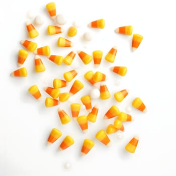 Scattered corn kernels. Corn as a dish of thanksgiving for the harvest, picture on a white isolated background. An atmosphere of joy and celebration.