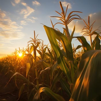 Photo of corn field at sunset or sunrise. Corn as a dish of thanksgiving for the harvest, picture on a white isolated background. An atmosphere of joy and celebration.